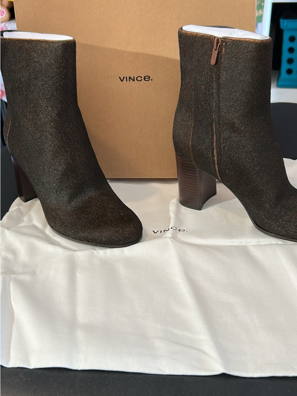 Vince Camuto Dark Brown Pony-Hair Ankle Boots with Block Heel